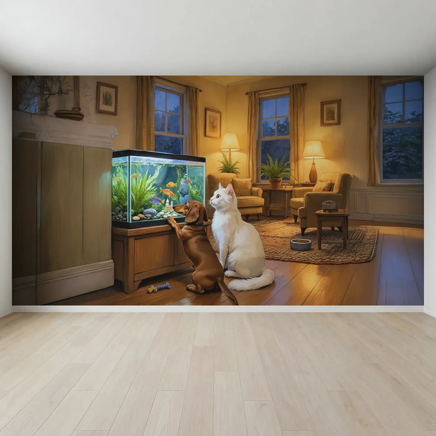 Full view of Dog and Cat Fish Tank Watch Wallpaper Mural by Whimsy Tots