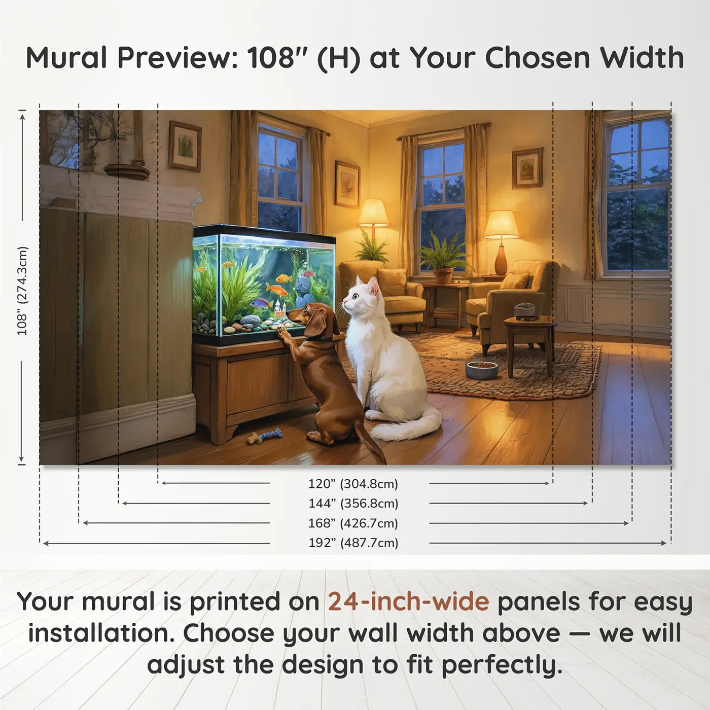 Panel layout and dimensions for Dog and Cat Fish Tank Watch Wallpaper Mural by Whimsy Tots