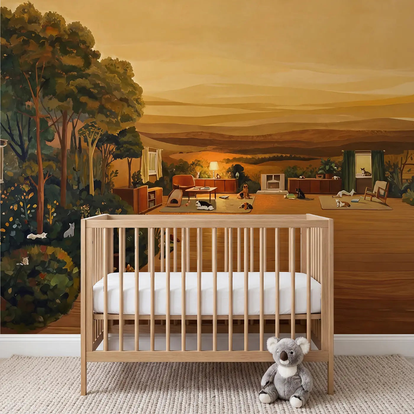illustrated pets living room cozy wallpaper mural for nursery by Whimsy Tots