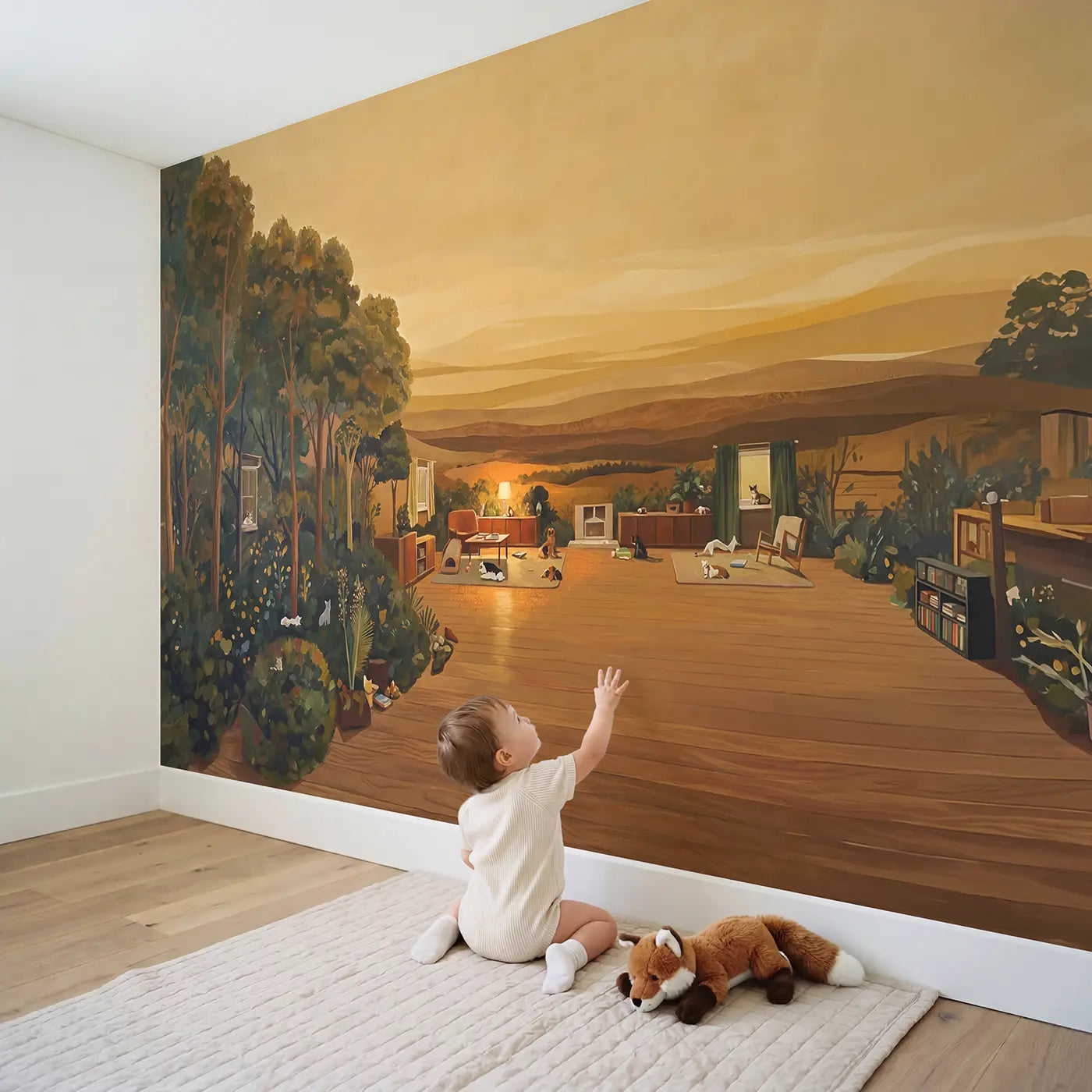 Child in nursery with Cozy Petfriendly Living Room Wallpaper Mural by Whimsy Tots