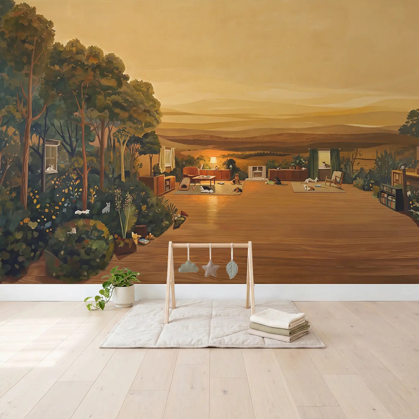 Cozy Petfriendly Living Room Wallpaper Mural in playroom setting by Whimsy Tots