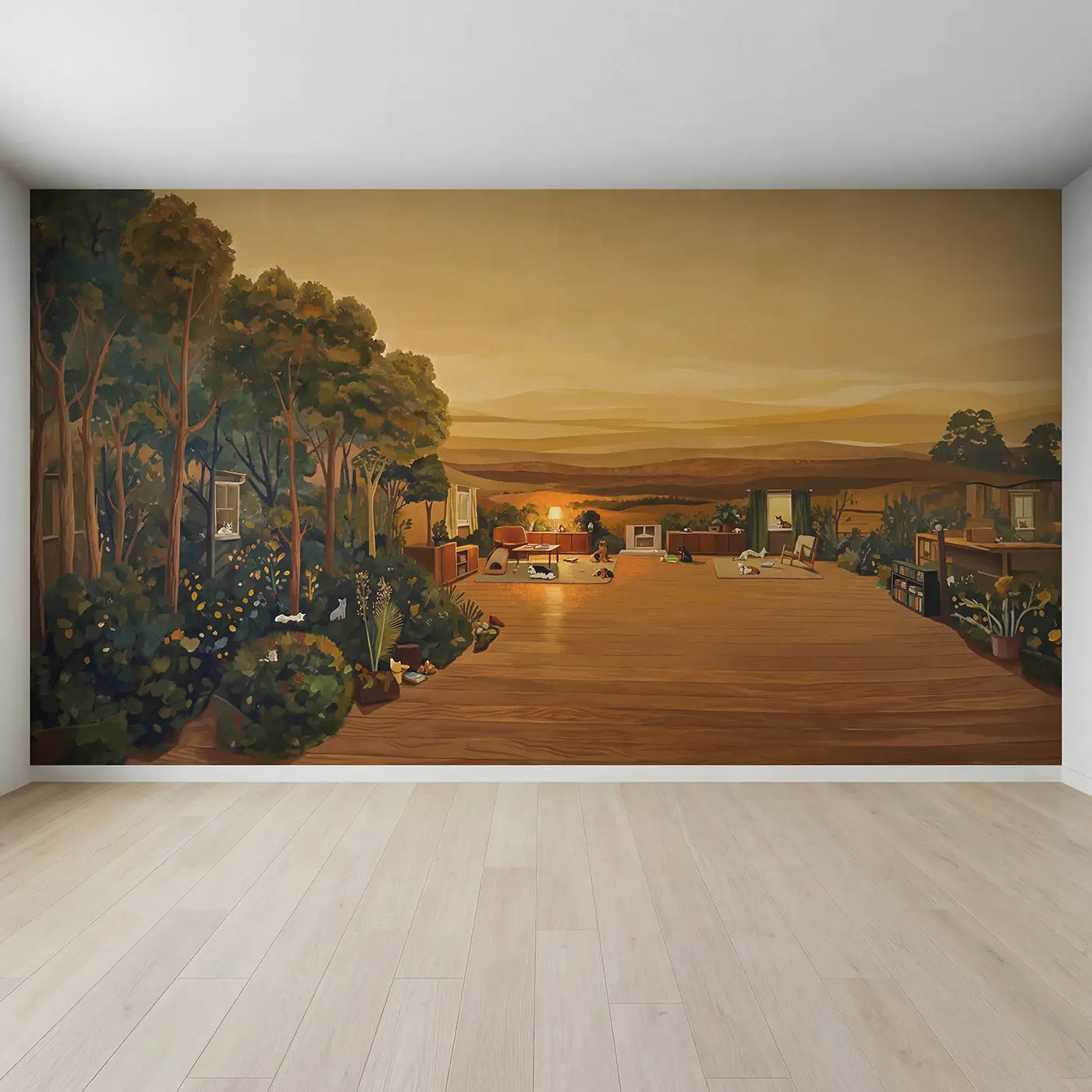 Full view of Cozy Petfriendly Living Room Wallpaper Mural by Whimsy Tots