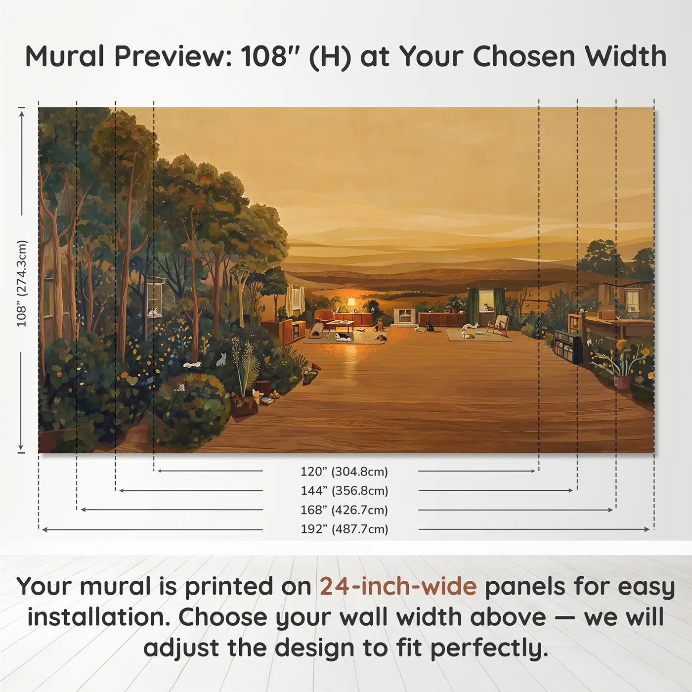 Panel layout and dimensions for Cozy Petfriendly Living Room Wallpaper Mural by Whimsy Tots