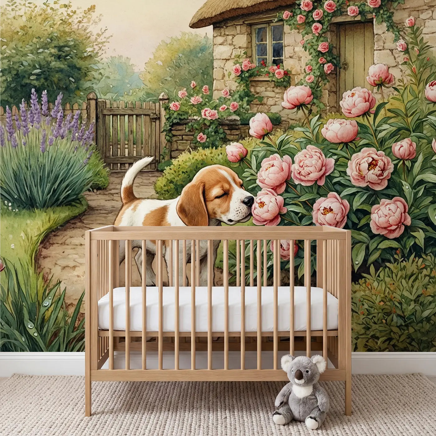 storybook beagle puppy peony cottage garden wallpaper mural for nursery by Whimsy Tots