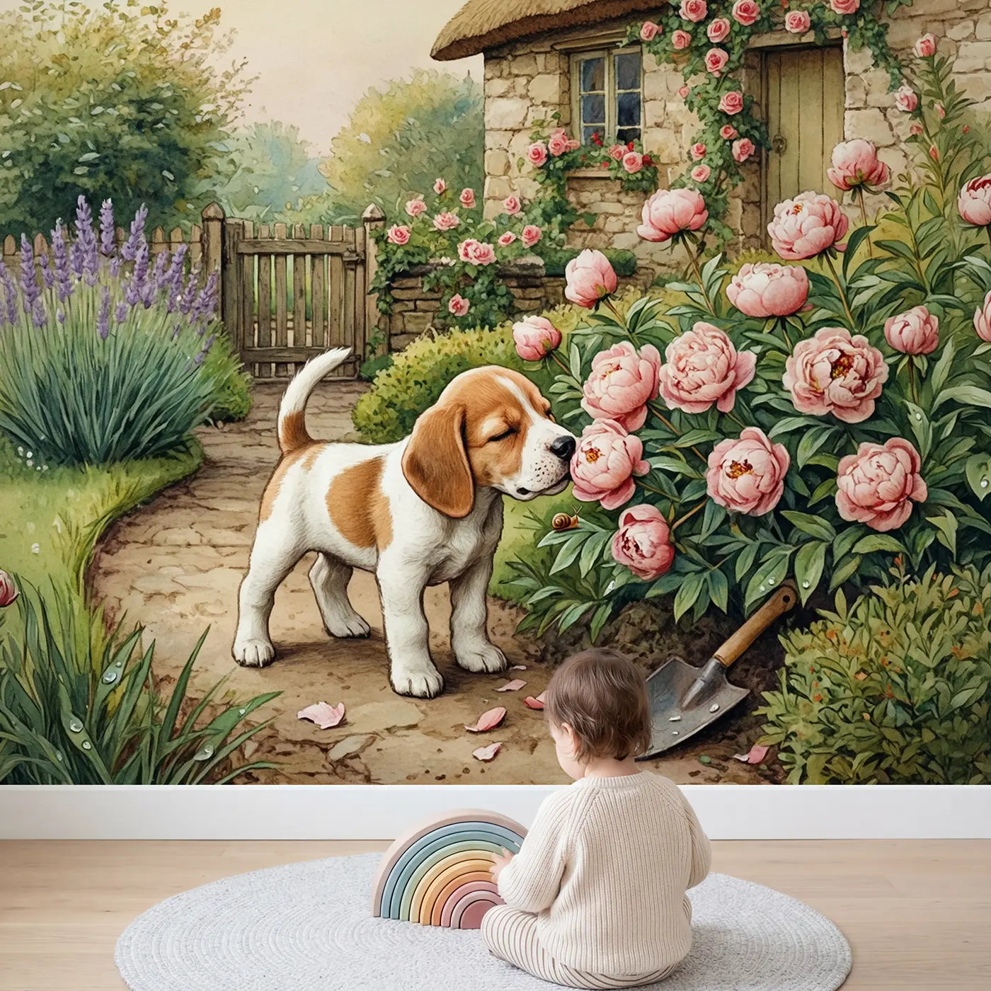 Child in nursery with Beagle Puppy Sniffing Flower Wallpaper Mural by Whimsy Tots
