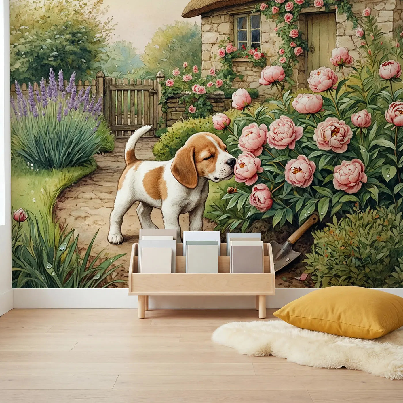 Beagle Puppy Sniffing Flower Wallpaper Mural in playroom setting by Whimsy Tots