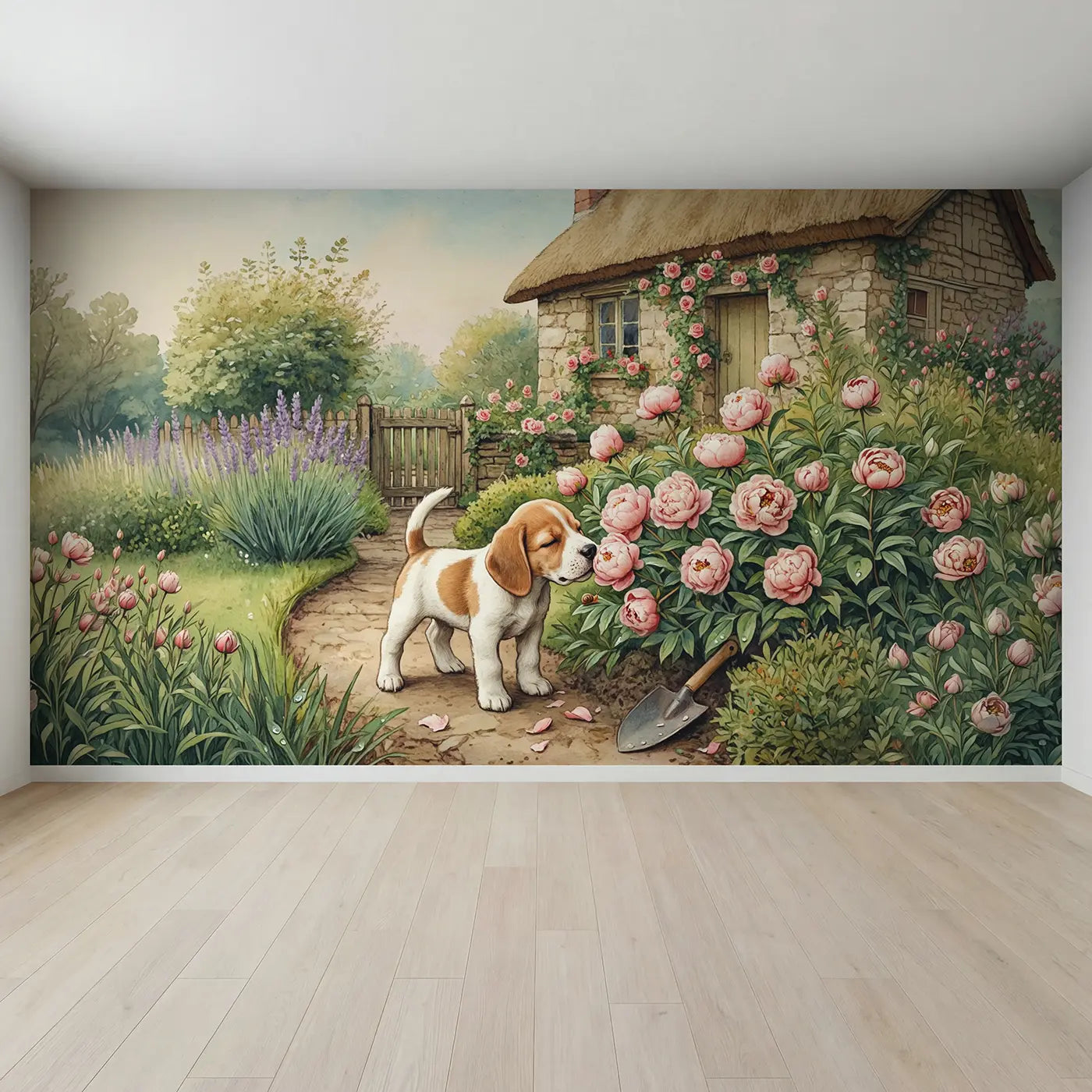 Full view of Beagle Puppy Sniffing Flower Wallpaper Mural by Whimsy Tots