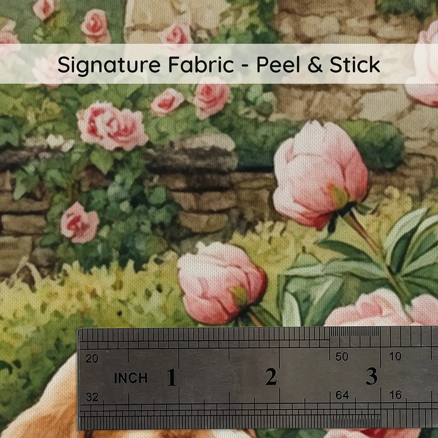 Fabric texture close-up of Beagle Puppy Sniffing Flower Wallpaper Mural by Whimsy Tots