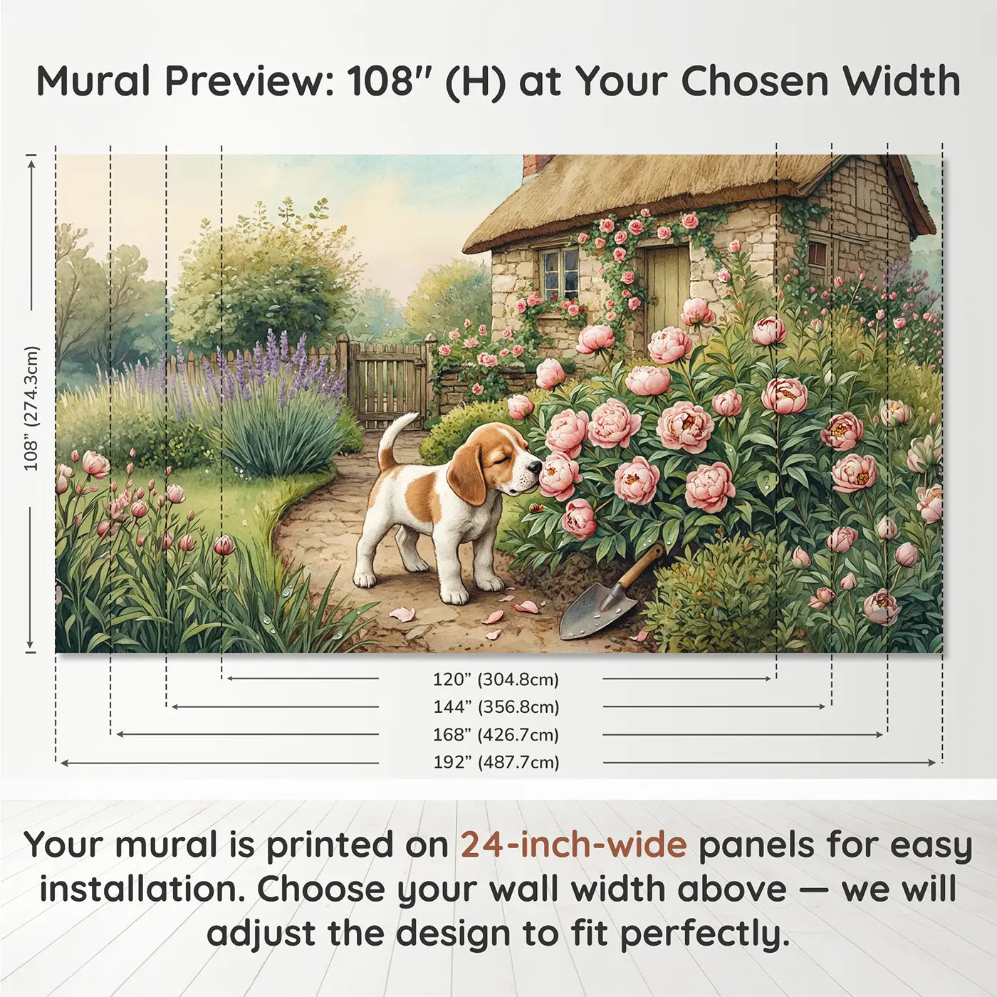 Panel layout and dimensions for Beagle Puppy Sniffing Flower Wallpaper Mural by Whimsy Tots