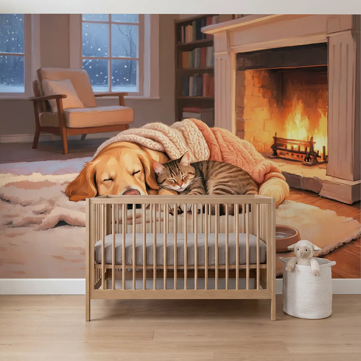 Soft Pastel fireside dog and cat napping wallpaper mural for kids room by Whimsy Tots