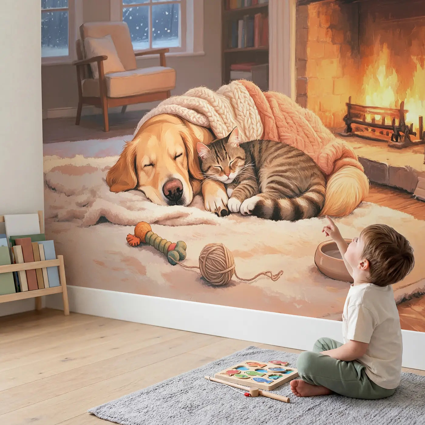 Child in nursery with Fireside Friends Napping Wallpaper Mural by Whimsy Tots