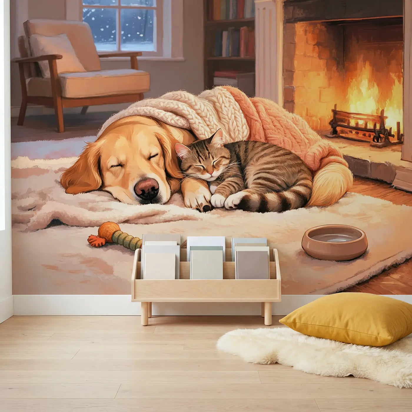 Fireside Friends Napping Wallpaper Mural in playroom setting by Whimsy Tots
