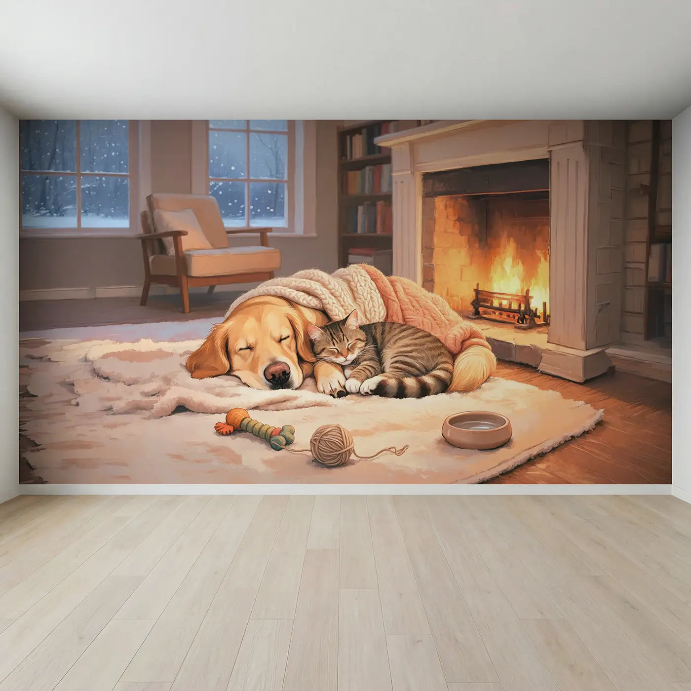 Full view of Fireside Friends Napping Wallpaper Mural by Whimsy Tots