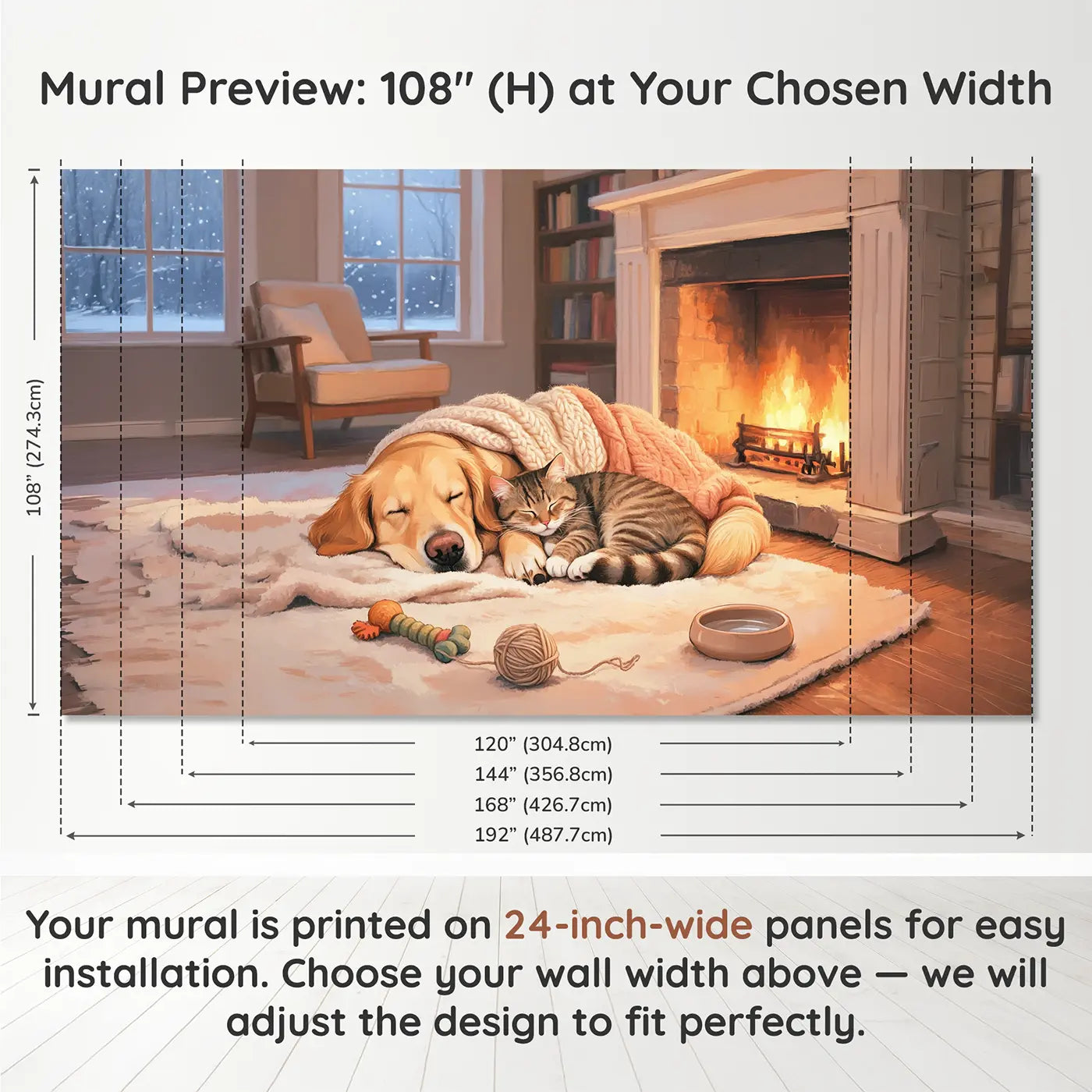Panel layout and dimensions for Fireside Friends Napping Wallpaper Mural by Whimsy Tots