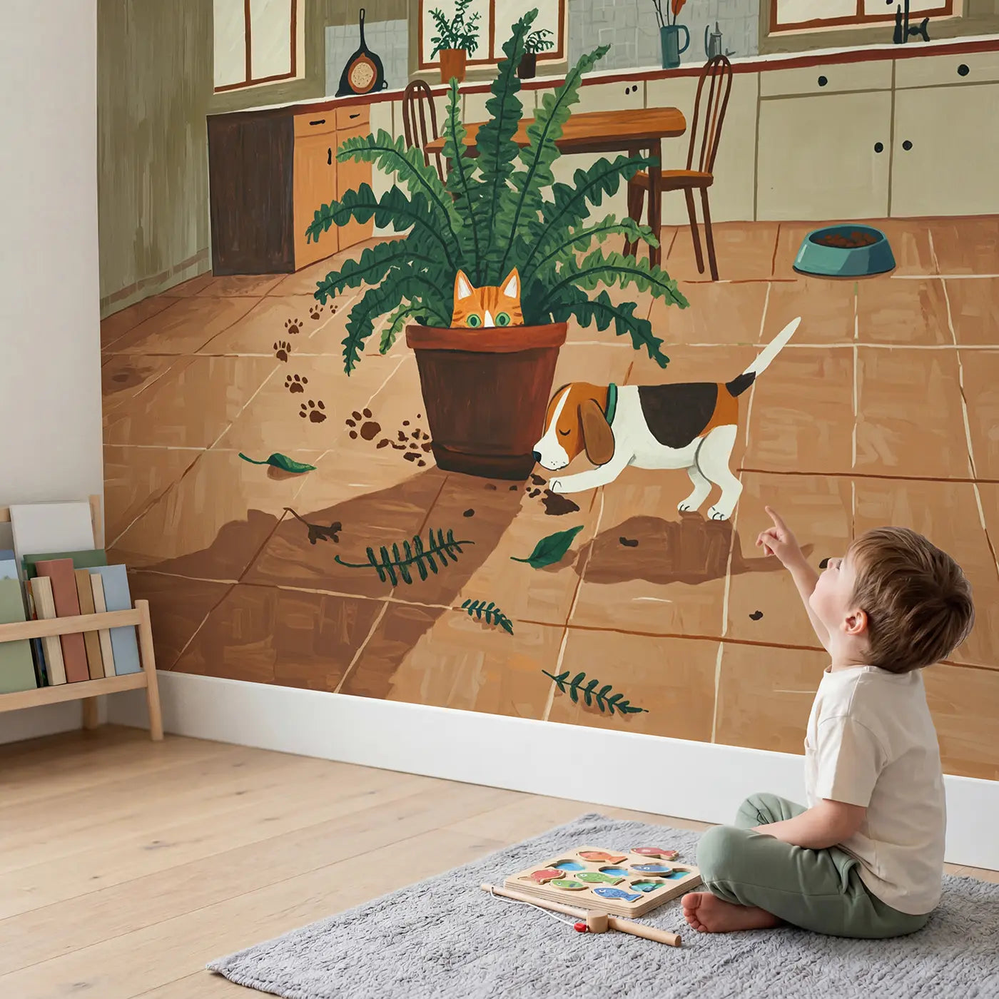 Child in nursery with Kitten Hiding From Puppy Kitchen Wallpaper Mural by Whimsy Tots