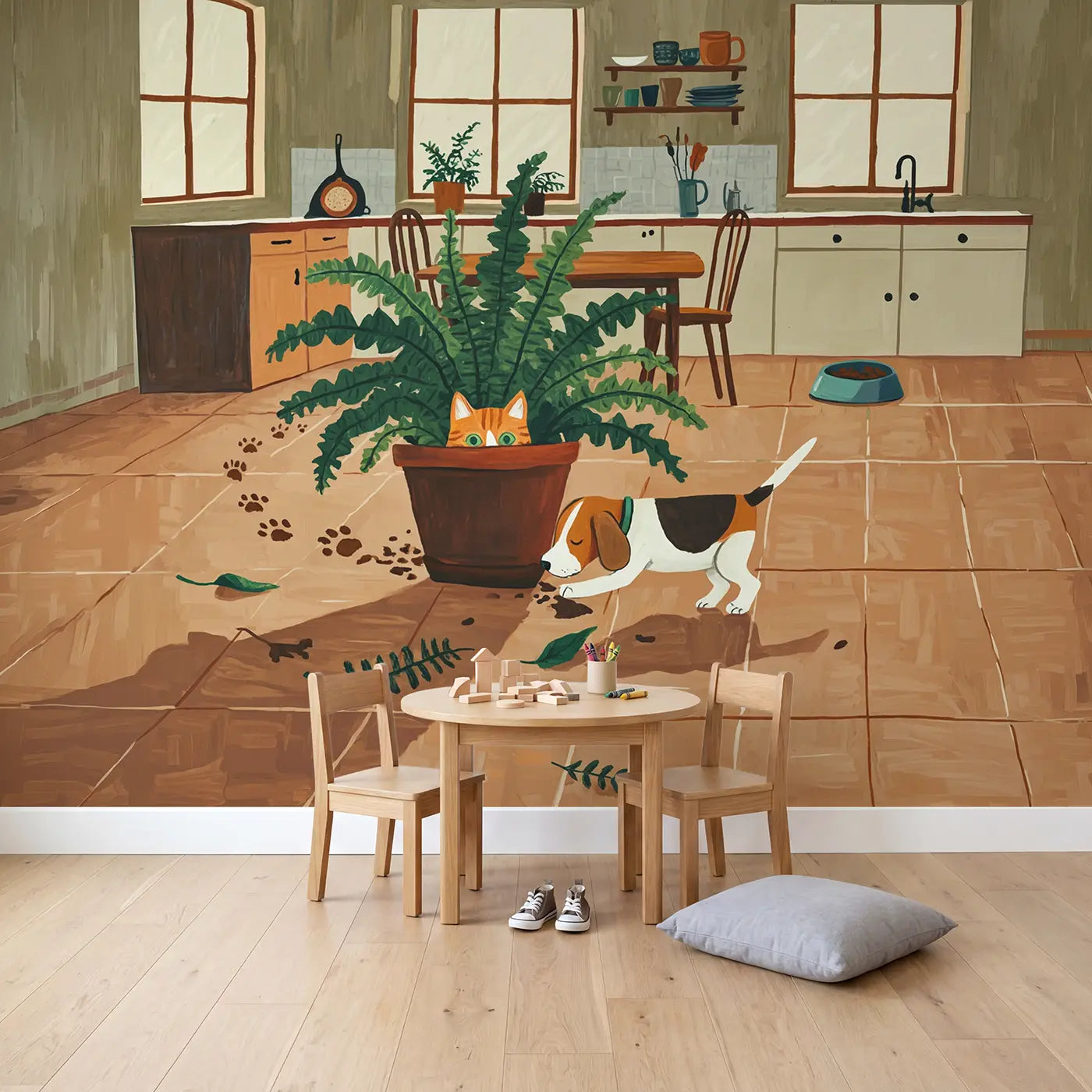 Kitten Hiding From Puppy Kitchen Wallpaper Mural in playroom setting by Whimsy Tots