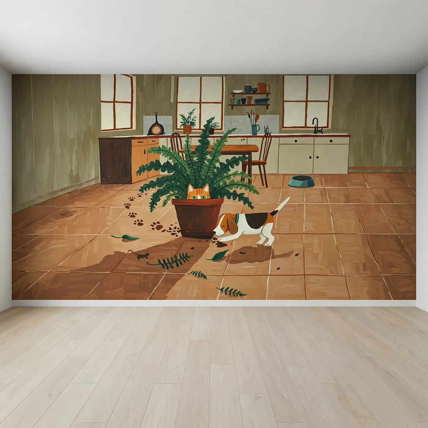 Full view of Kitten Hiding From Puppy Kitchen Wallpaper Mural by Whimsy Tots