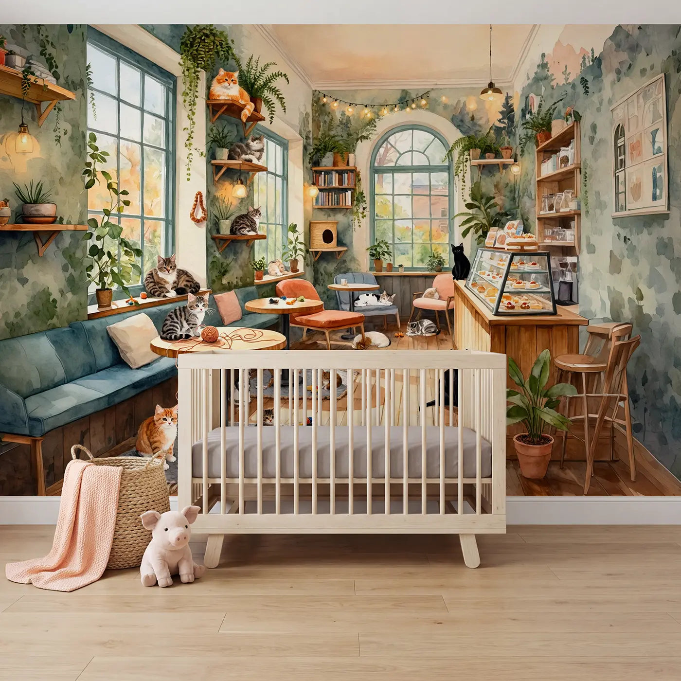 watercolor cat cafe kittens cozy interior wallpaper mural for nursery by Whimsy Tots