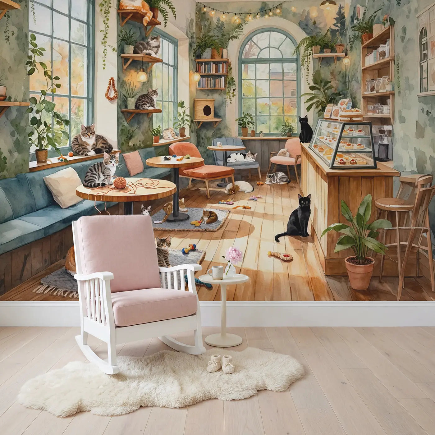 Cozy Cat Cafe Wallpaper Mural in playroom setting by Whimsy Tots