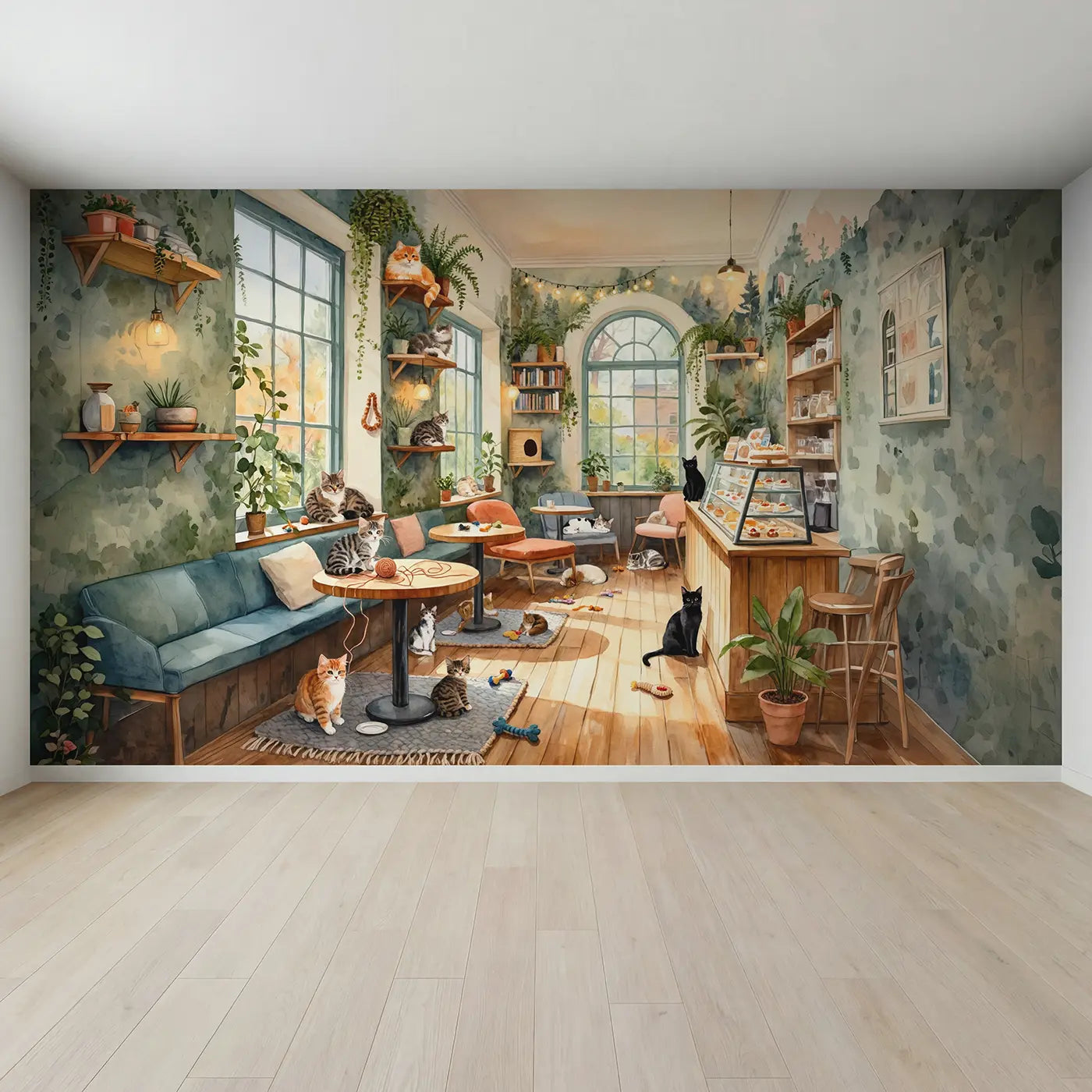 Full view of Cozy Cat Cafe Wallpaper Mural by Whimsy Tots