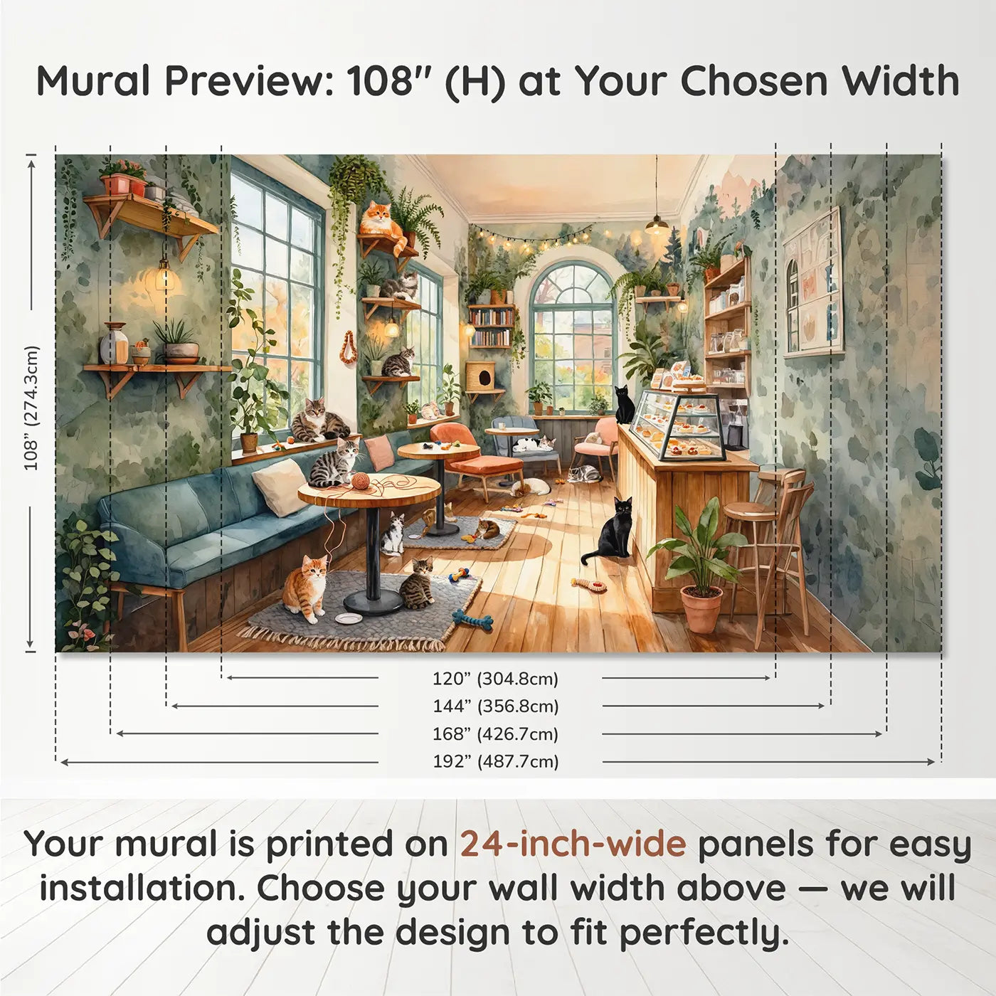 Panel layout and dimensions for Cozy Cat Cafe Wallpaper Mural by Whimsy Tots