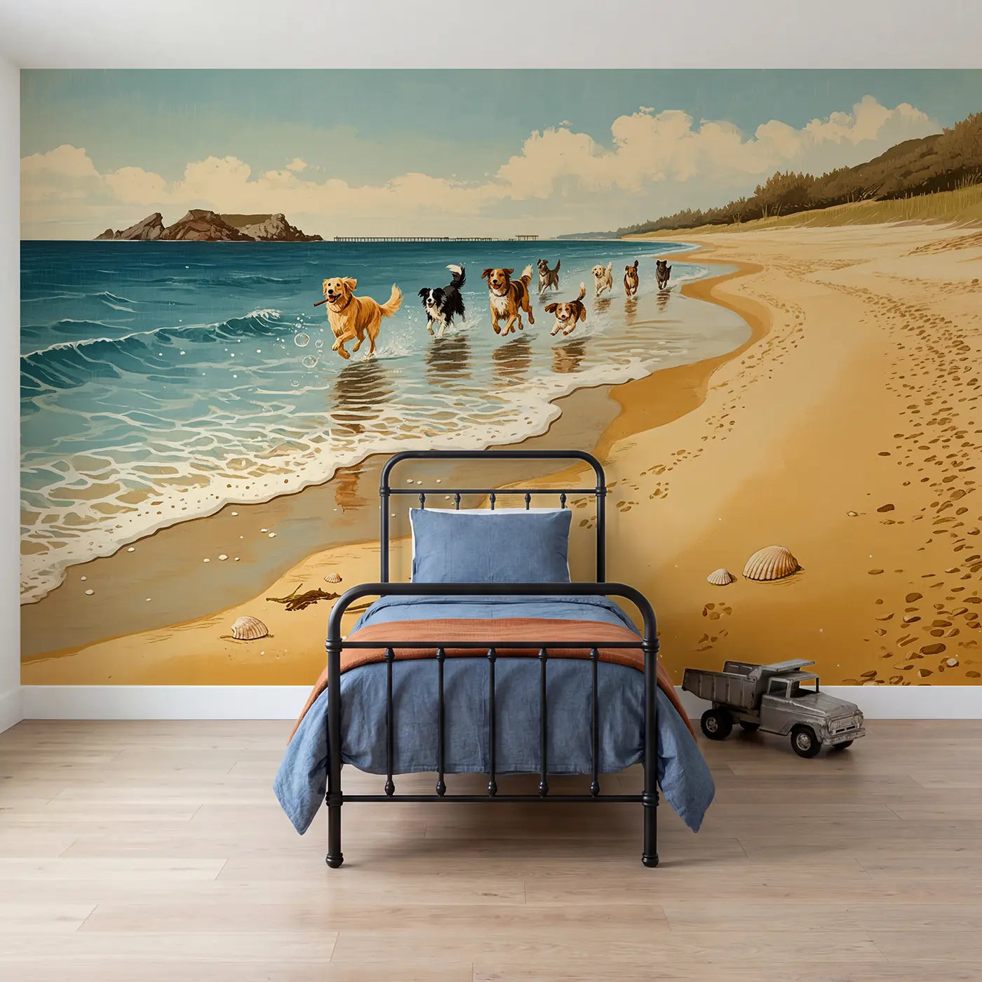 Block print dog and puppy wallpaper mural for boys room by Whimsy Tots