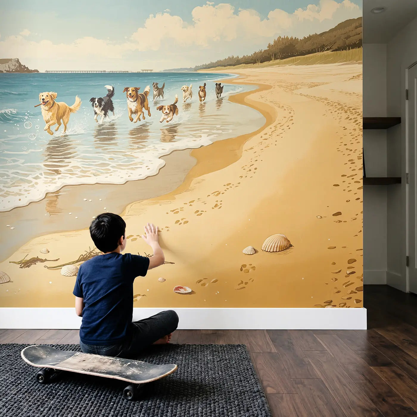 Child in nursery with Beach Dogs Running Waves Wallpaper Mural by Whimsy Tots