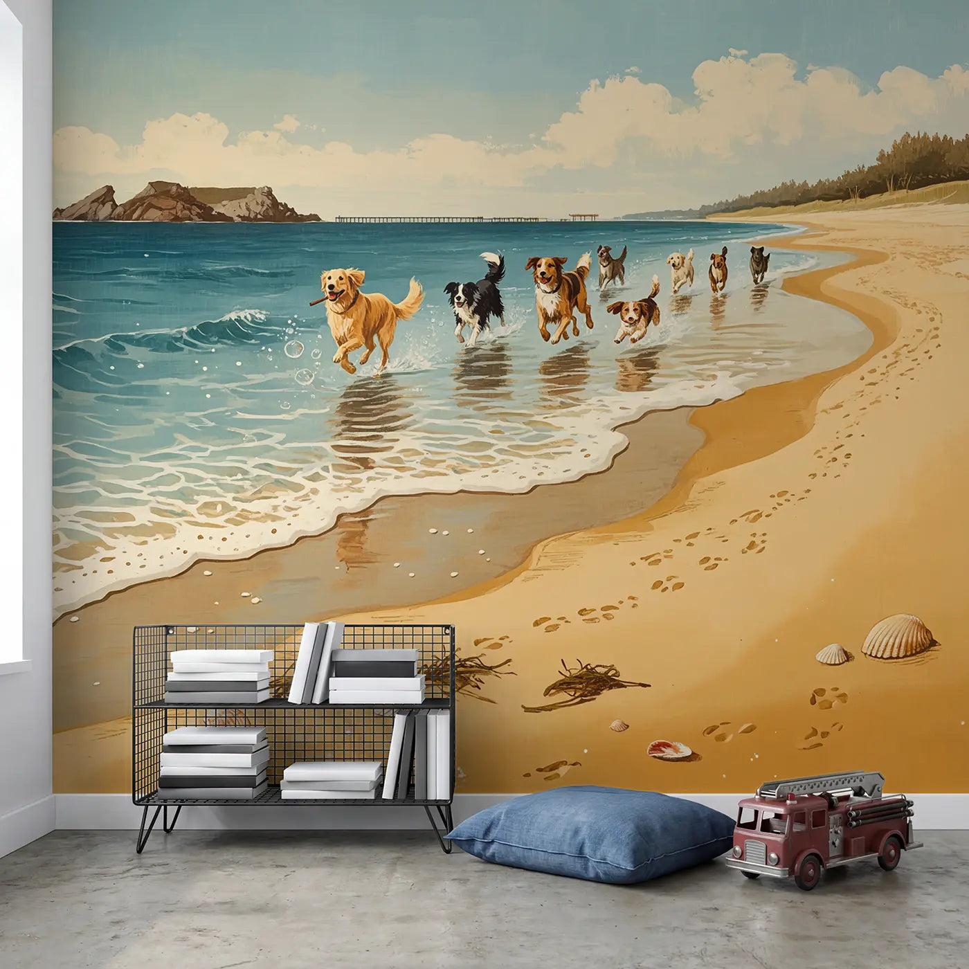 Beach Dogs Running Waves Wallpaper Mural in playroom setting by Whimsy Tots