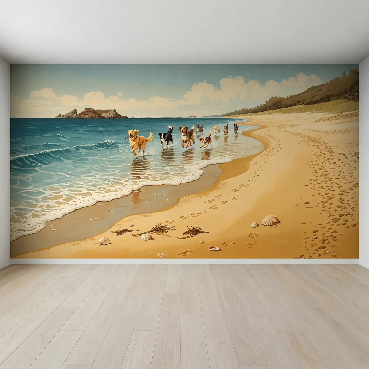 Full view of Beach Dogs Running Waves Wallpaper Mural by Whimsy Tots