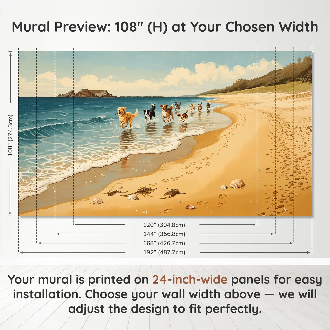 Panel layout and dimensions for Beach Dogs Running Waves Wallpaper Mural by Whimsy Tots