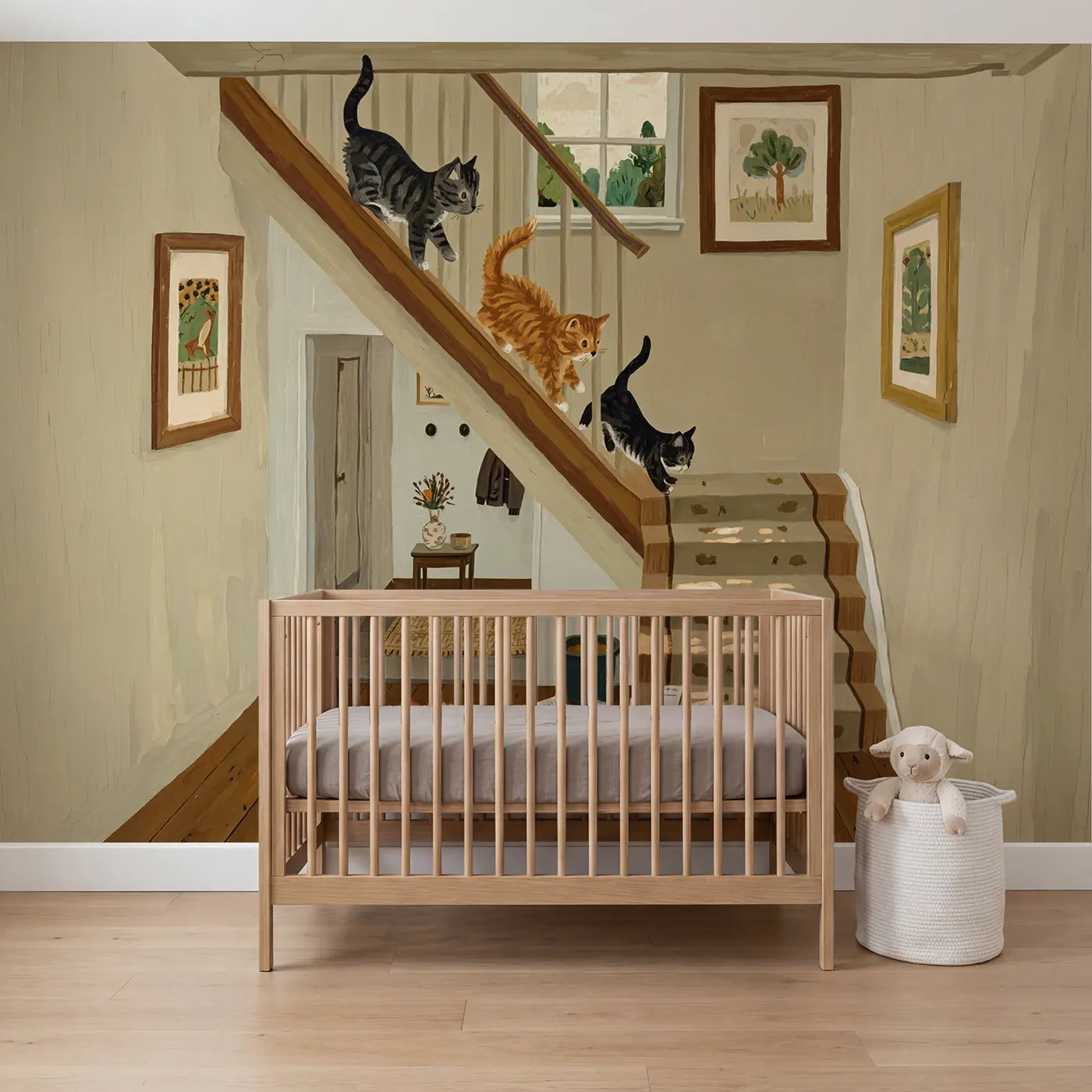 modern illustration three kittens staircase home interior wallpaper mural for nursery by Whimsy Tots