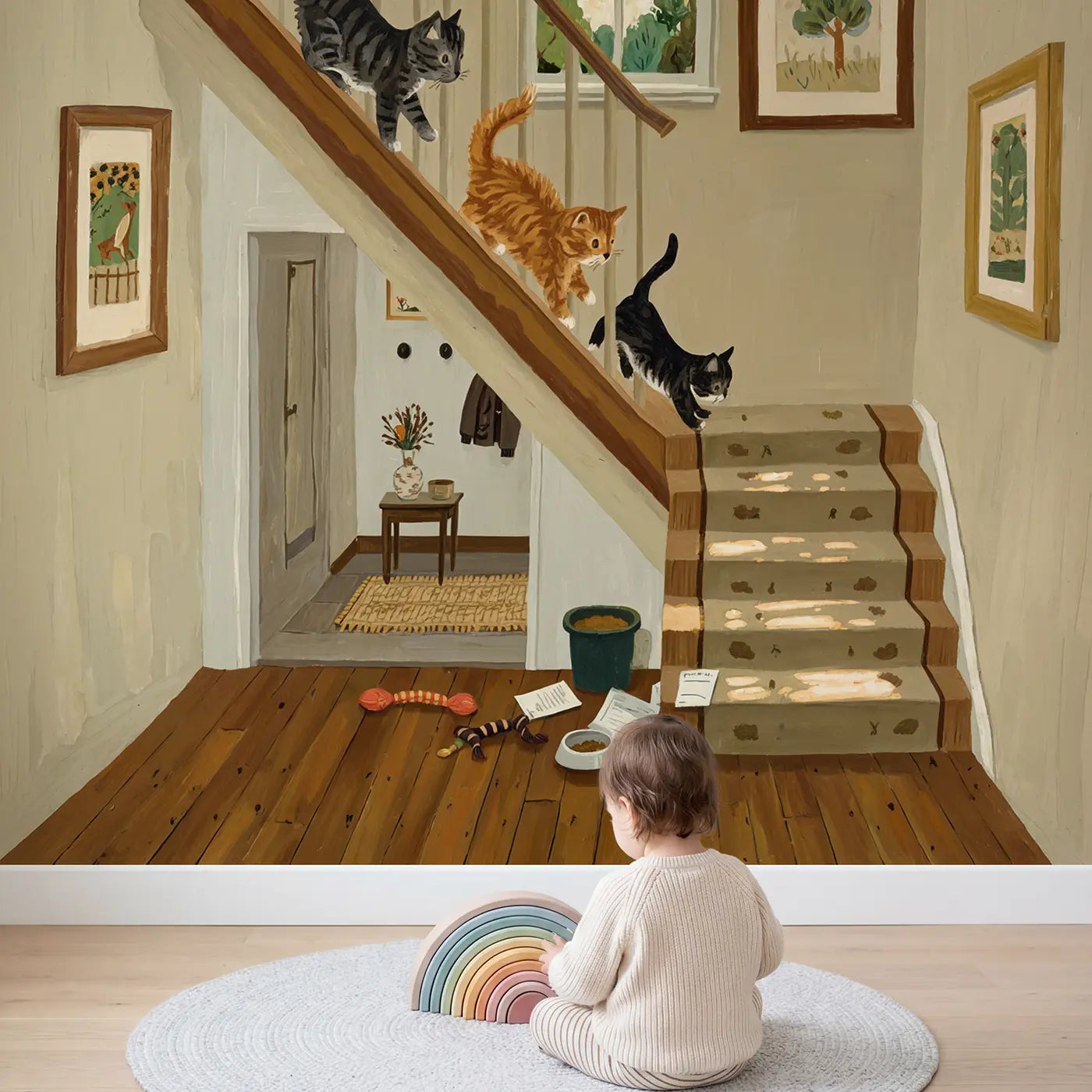 Child in nursery with Three Kittens on Staircase Wallpaper Mural by Whimsy Tots
