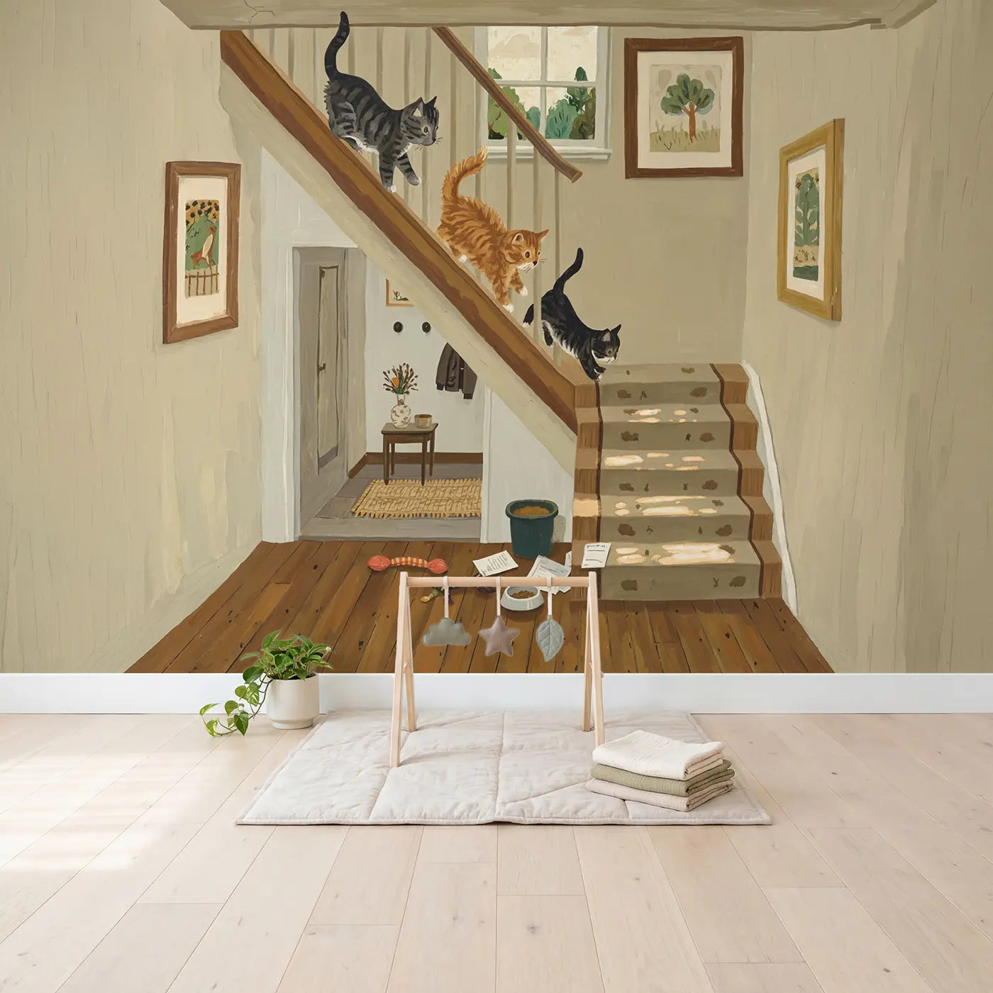 Three Kittens on Staircase Wallpaper Mural in playroom setting by Whimsy Tots