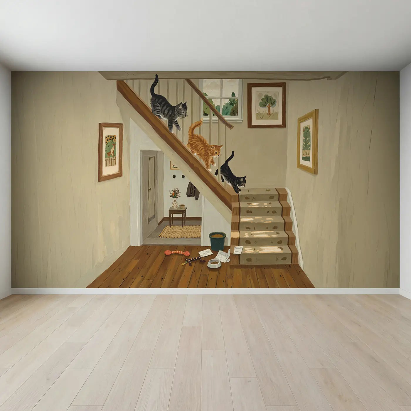 Full view of Three Kittens on Staircase Wallpaper Mural by Whimsy Tots