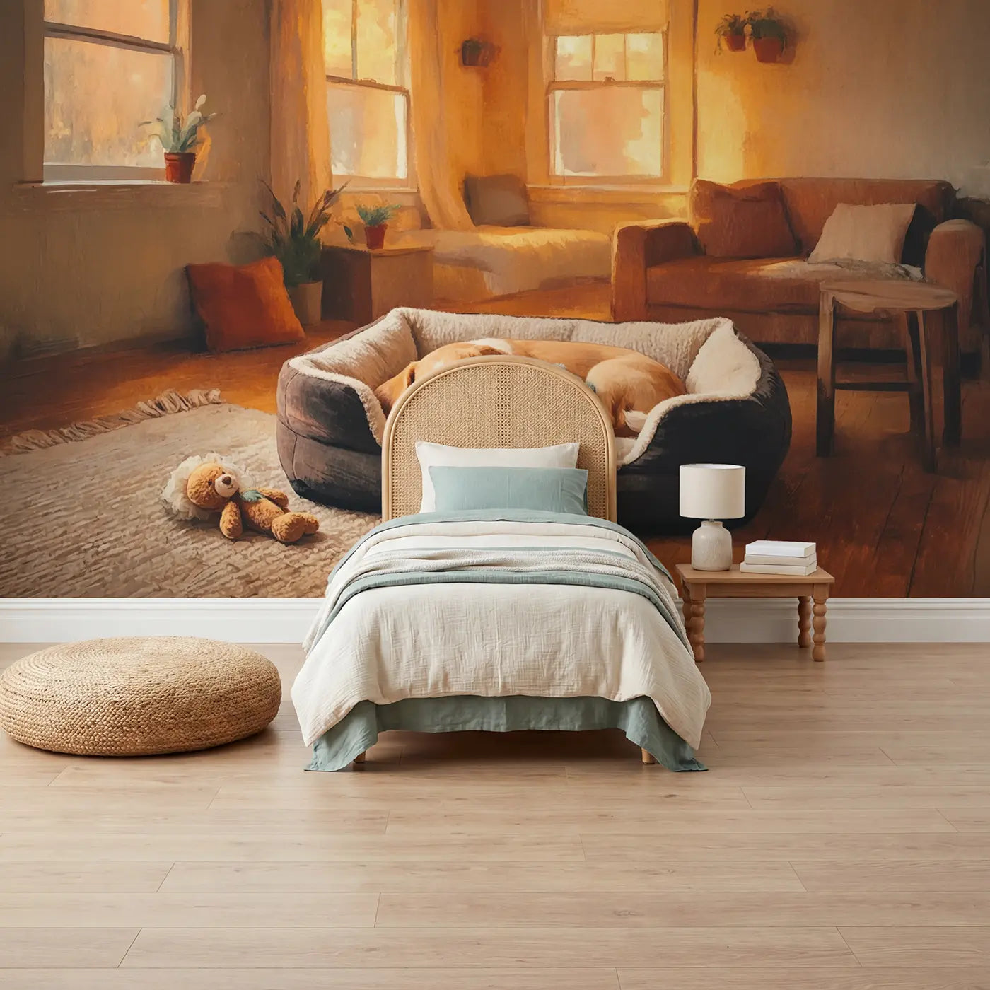 pastel puppy sleeping stuffed toy wallpaper mural for kids room by Whimsy Tots