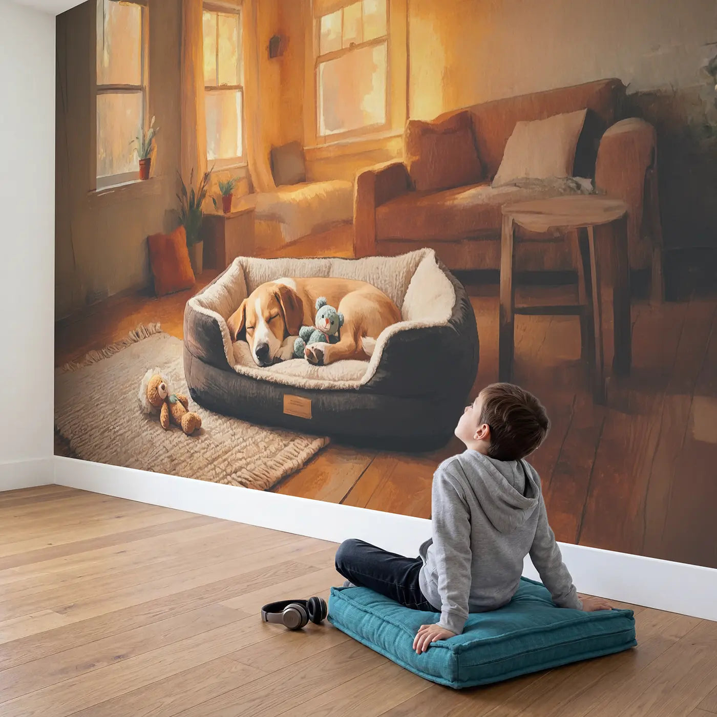 Child in nursery with Puppy Sleeping Stuffed Toy Wallpaper Mural by Whimsy Tots