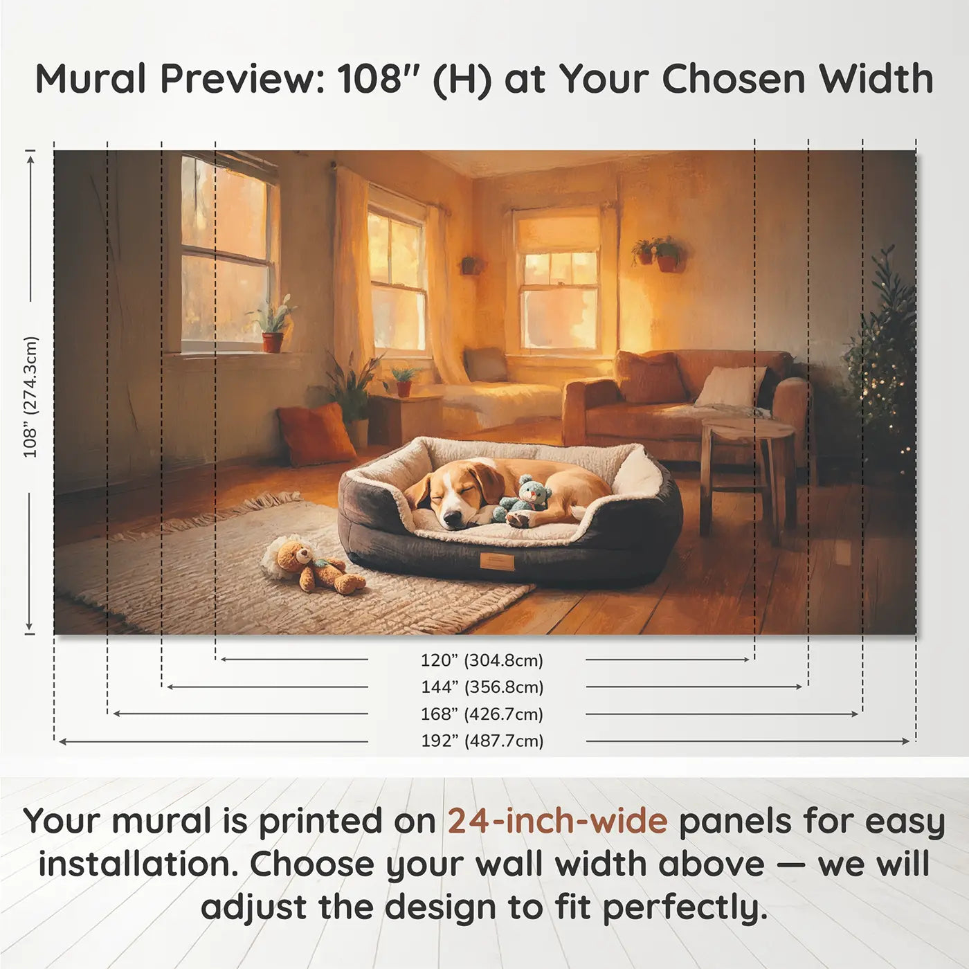Panel layout and dimensions for Puppy Sleeping Stuffed Toy Wallpaper Mural by Whimsy Tots