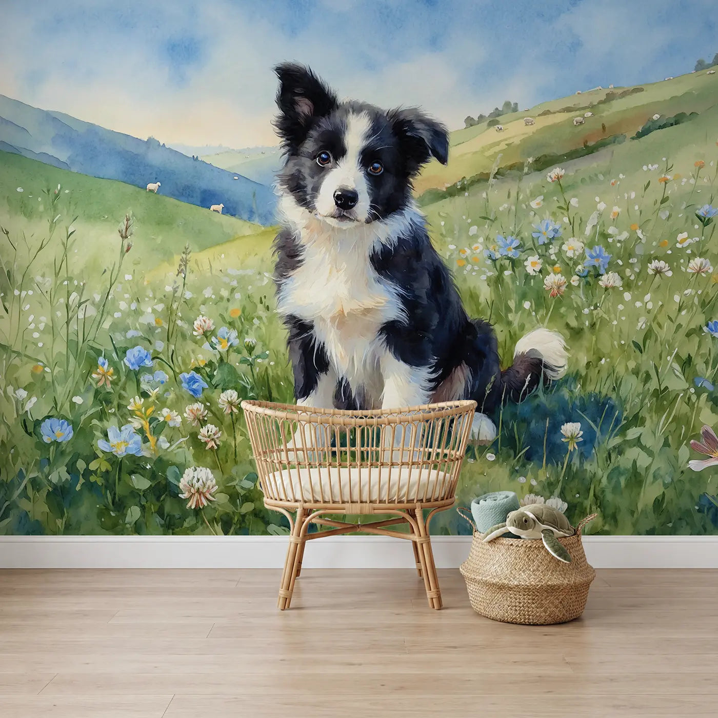Watercolor border collie puppy hillside wallpaper mural for nursery by Whimsy Tots