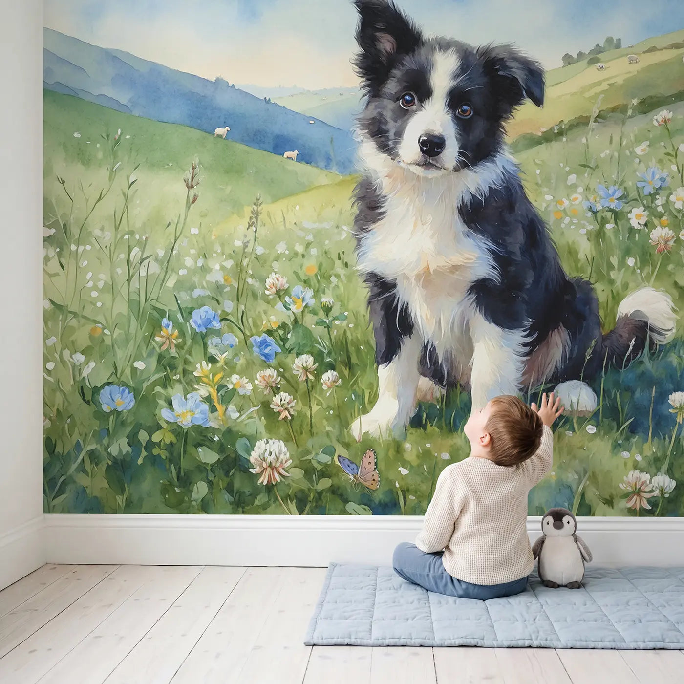 Child in nursery with Border Collie Puppy Hillside Wallpaper Mural by Whimsy Tots