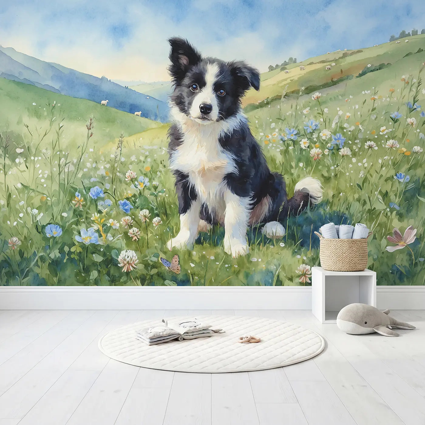 Border Collie Puppy Hillside Wallpaper Mural in playroom setting by Whimsy Tots