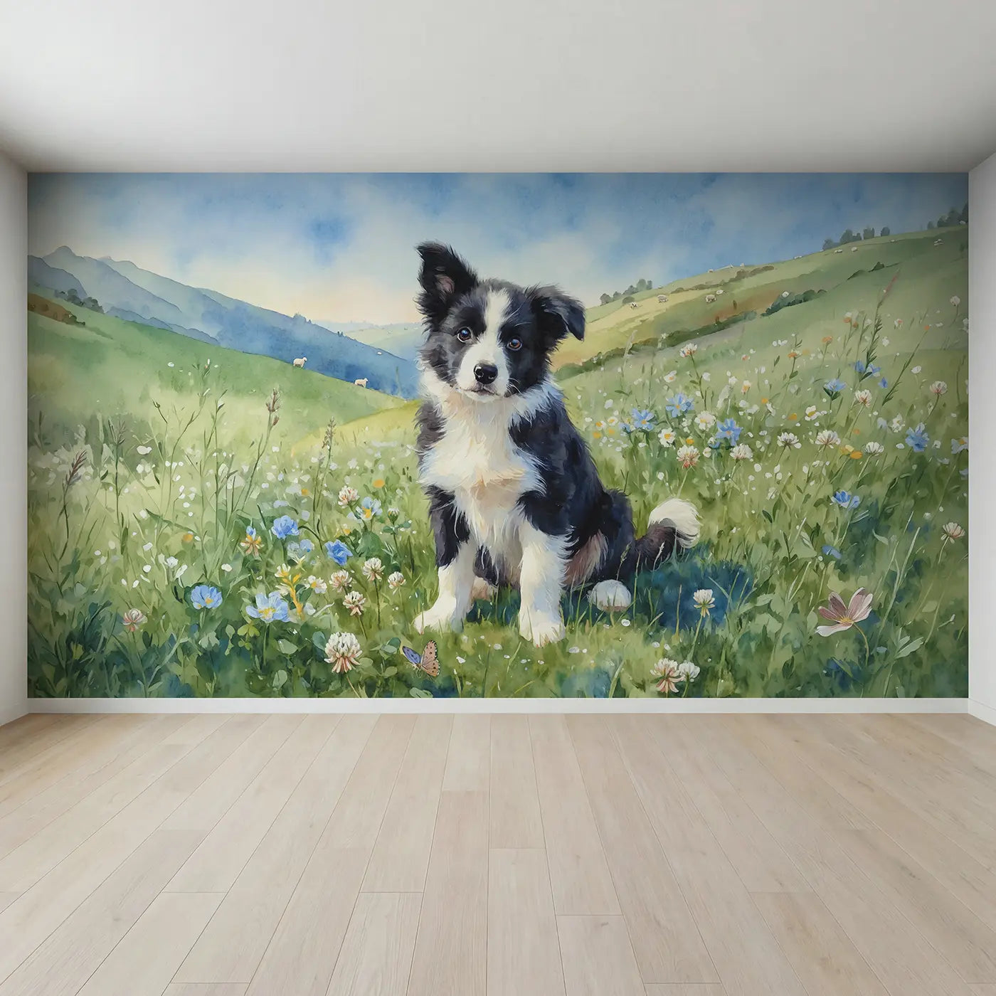 Full view of Border Collie Puppy Hillside Wallpaper Mural by Whimsy Tots