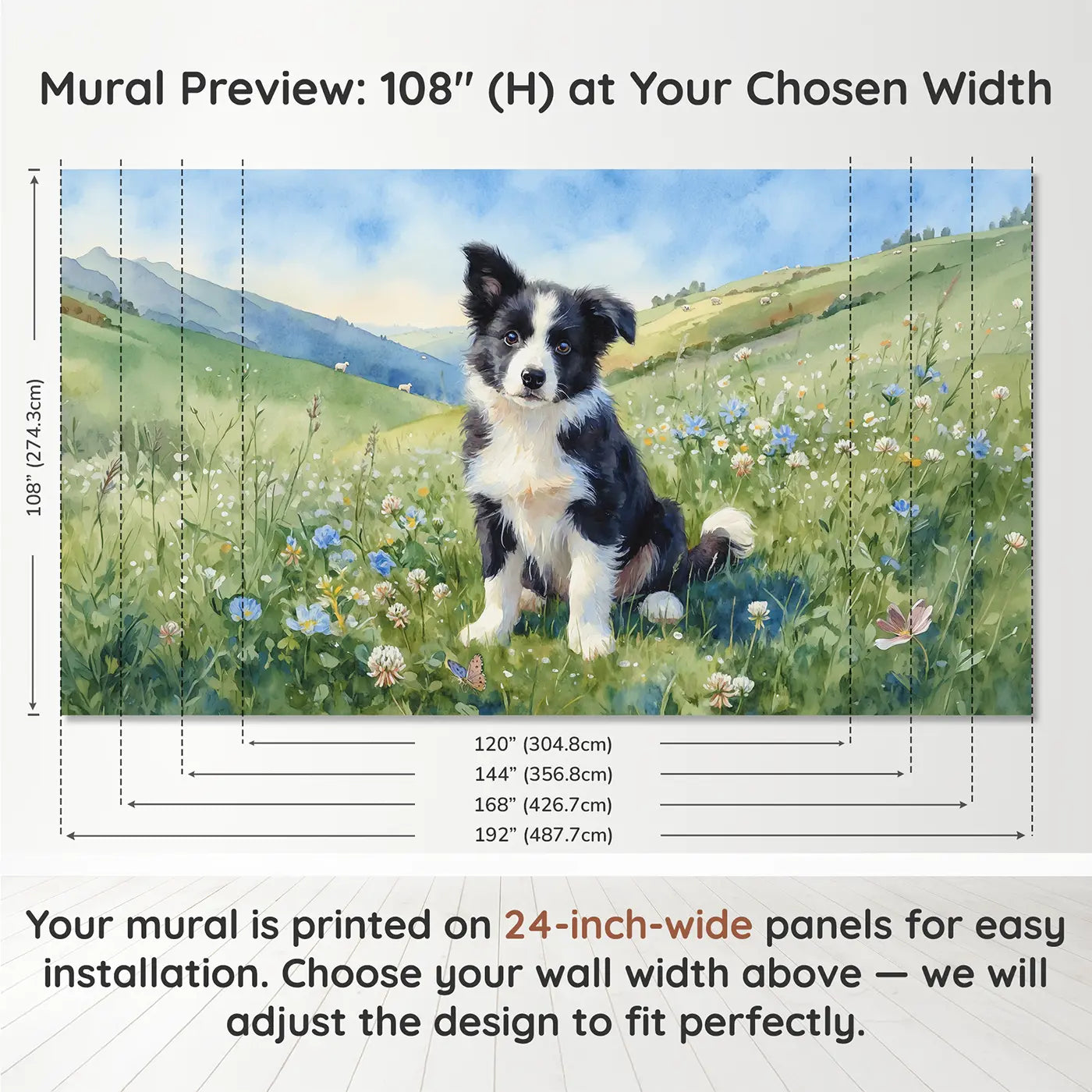 Panel layout and dimensions for Border Collie Puppy Hillside Wallpaper Mural by Whimsy Tots