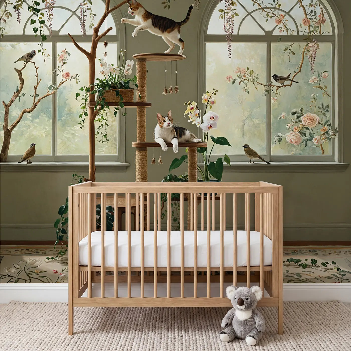 Botanical elegance cats garden vines wallpaper mural for kids room by Whimsy Tots