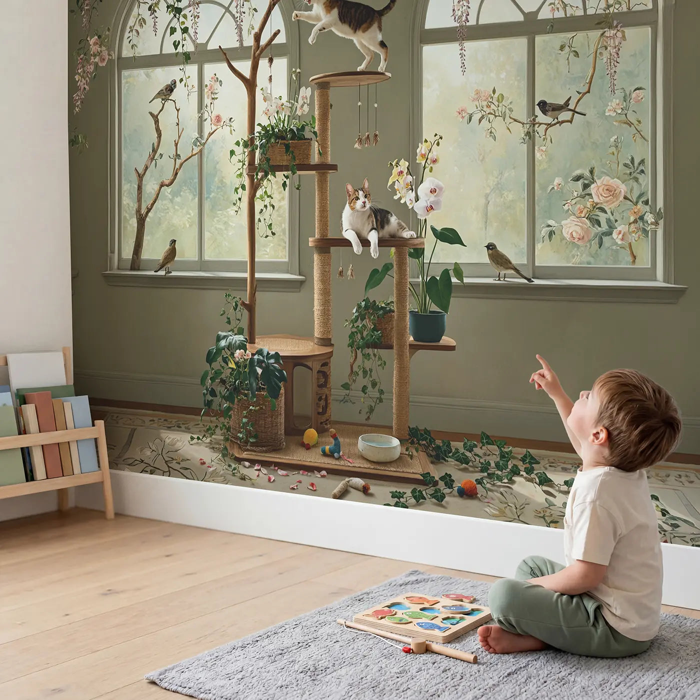 Child in nursery with Playful Cats Botanical Room Wallpaper Mural by Whimsy Tots