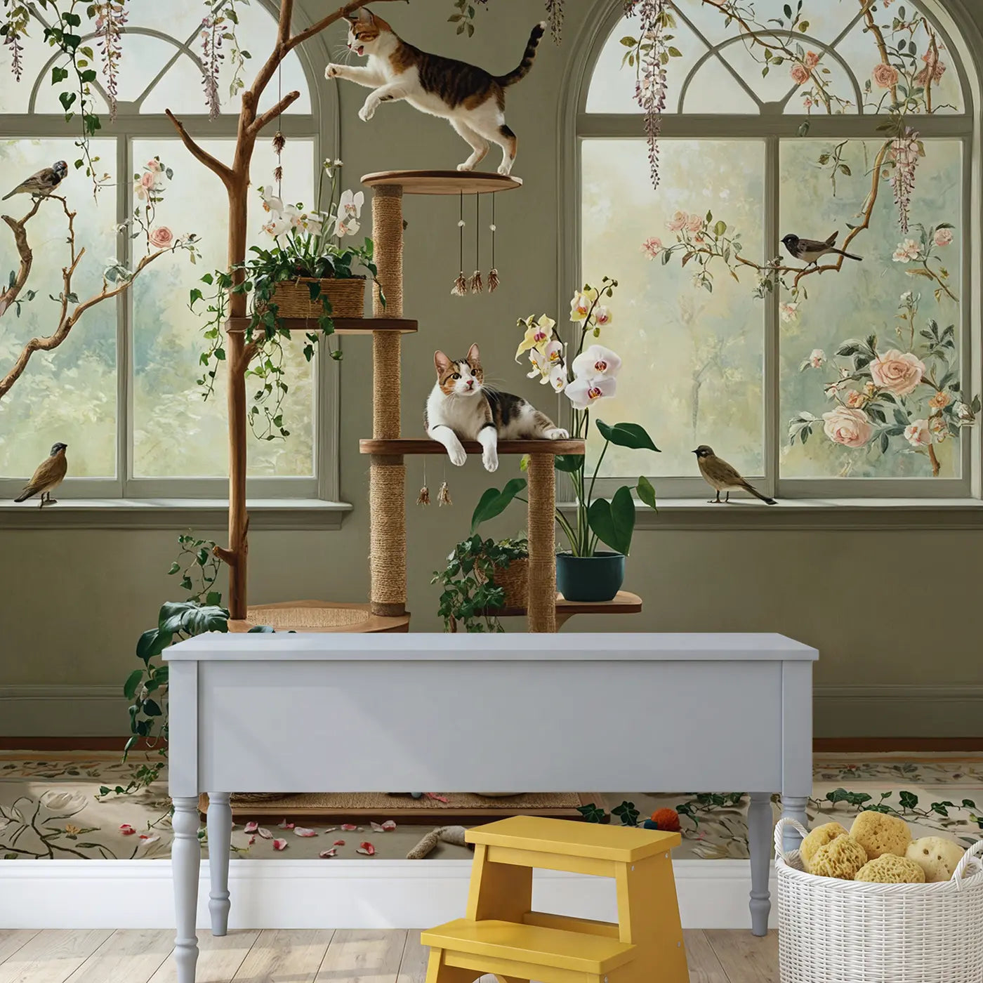 Playful Cats Botanical Room Wallpaper Mural in playroom setting by Whimsy Tots