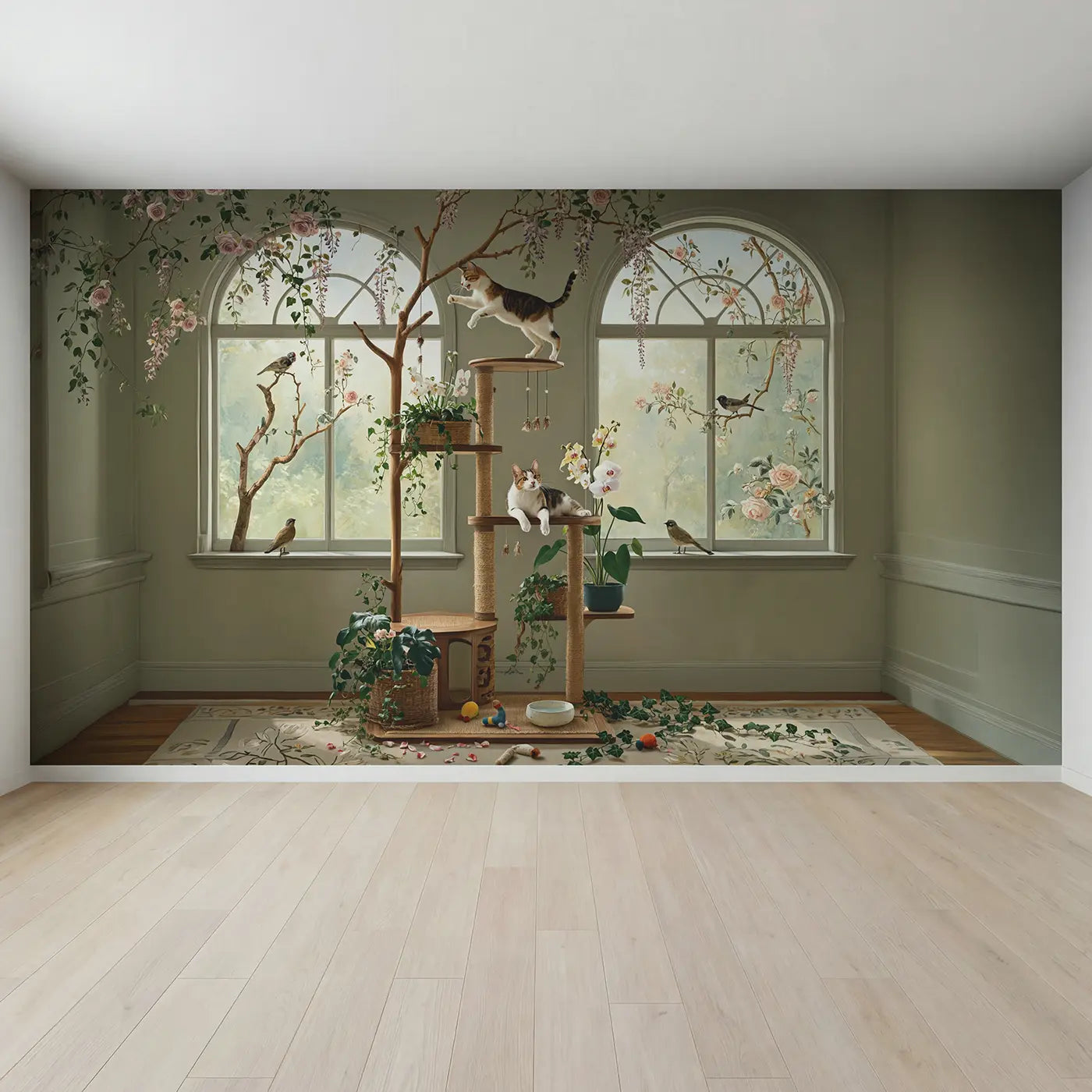 Full view of Playful Cats Botanical Room Wallpaper Mural by Whimsy Tots