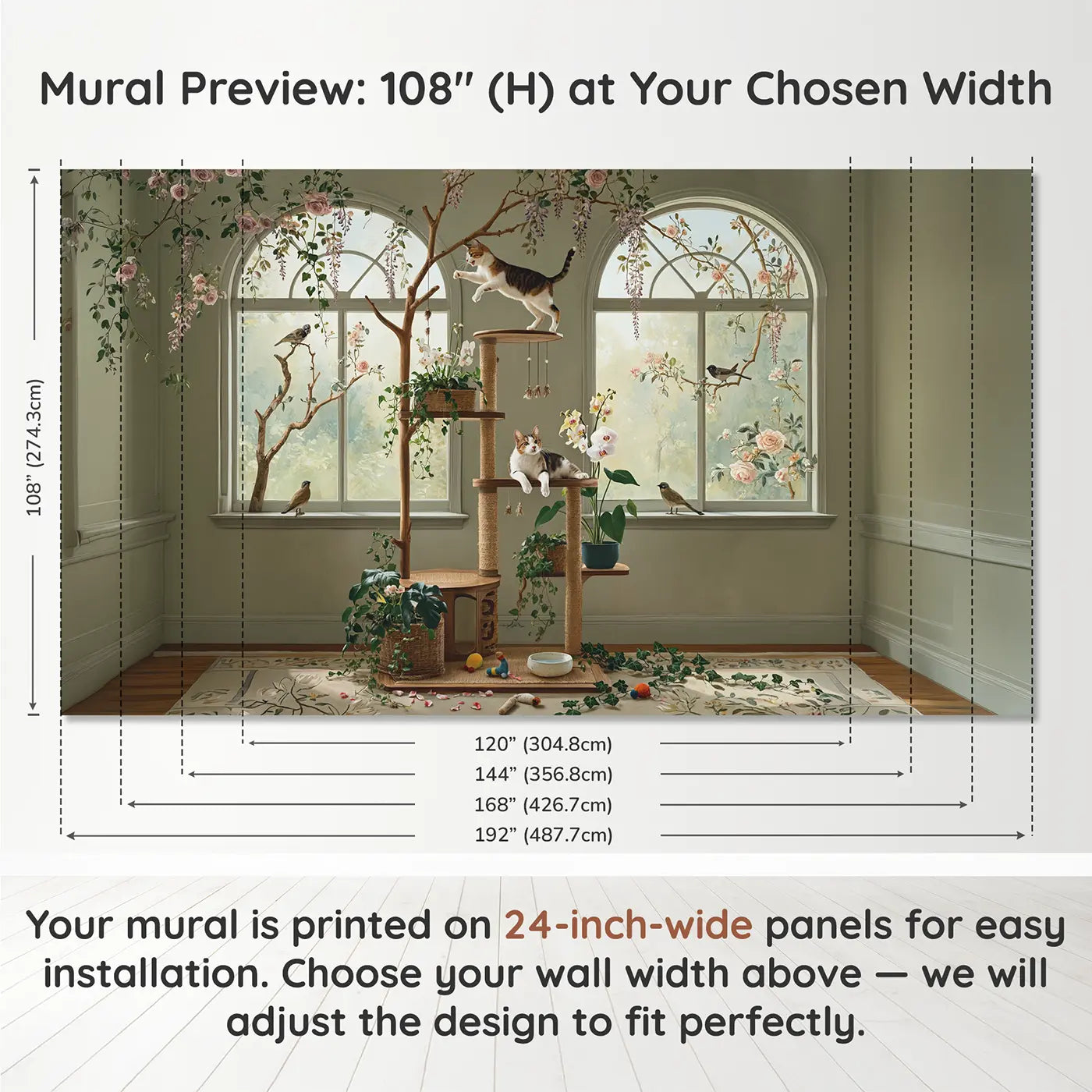 Panel layout and dimensions for Playful Cats Botanical Room Wallpaper Mural by Whimsy Tots