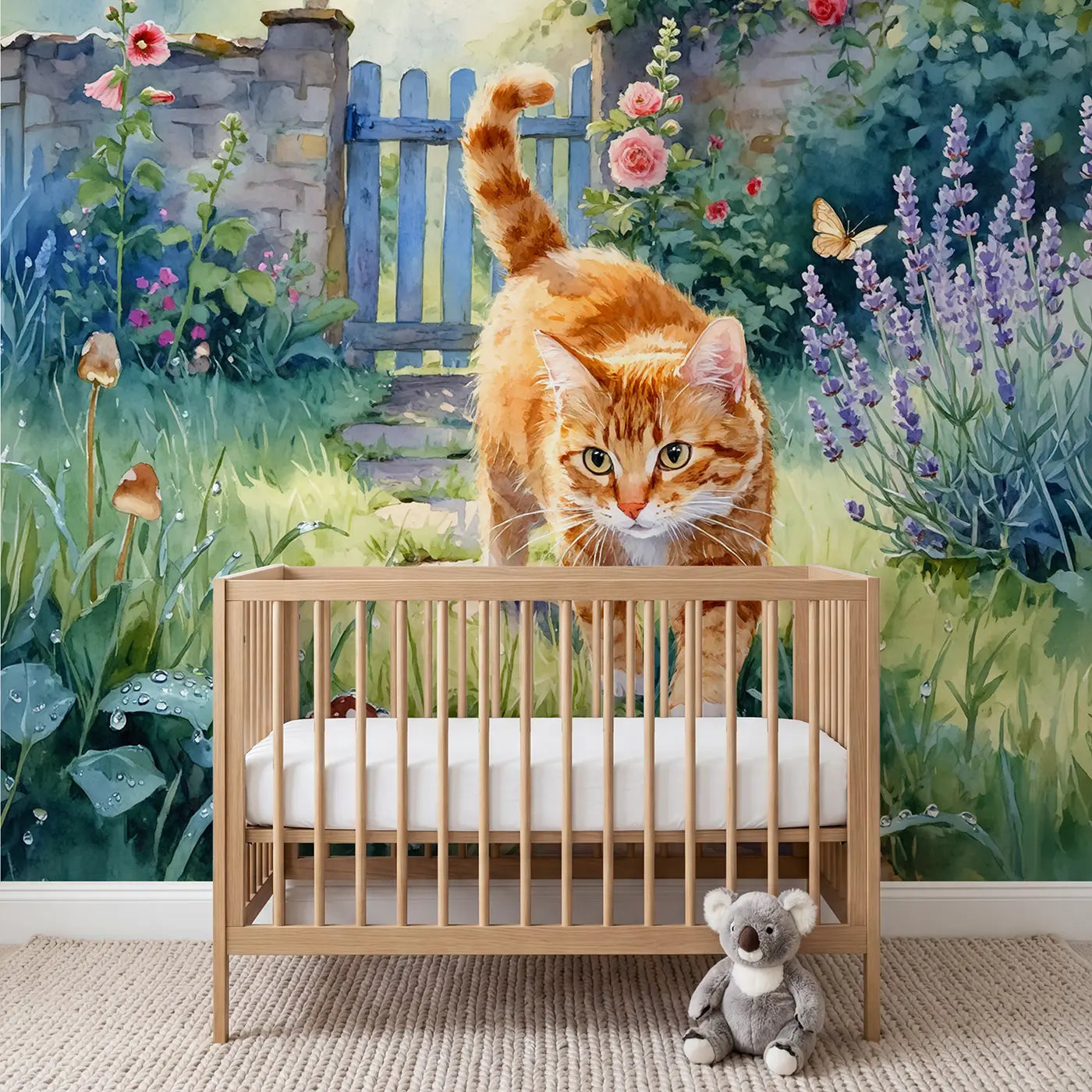 Watercolor ginger cat garden morning wallpaper mural for nursery by Whimsy Tots