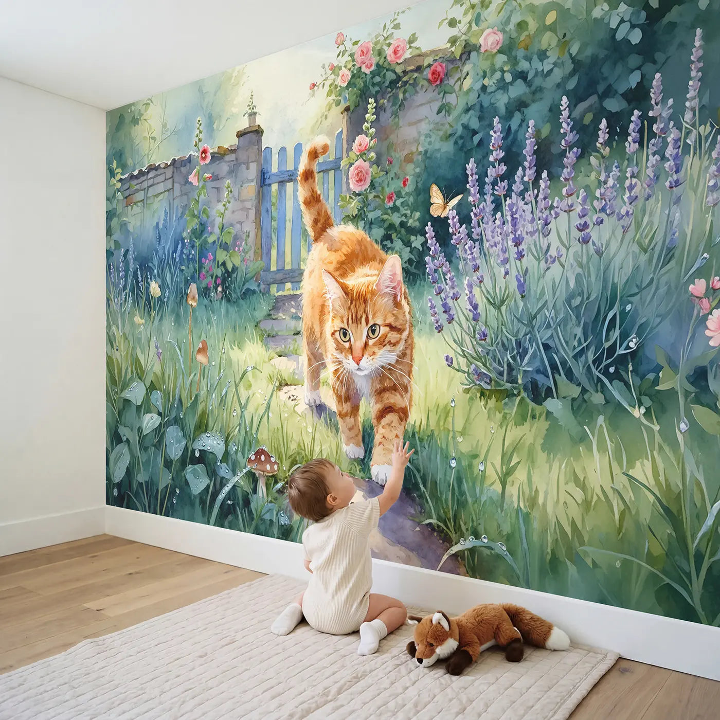 Child in nursery with Ginger Cat Garden Morning Wallpaper Mural by Whimsy Tots