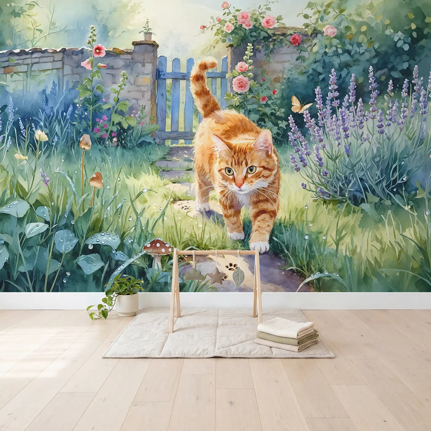 Ginger Cat Garden Morning Wallpaper Mural in playroom setting by Whimsy Tots